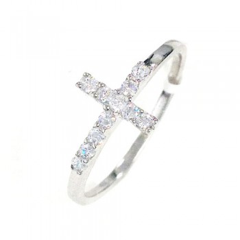 Sterling Silver Ring Clear Cubic Zirconia Sideway Cross on Plain Band