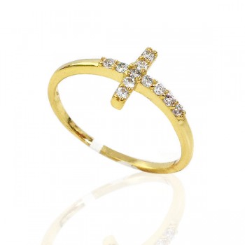 Sterling Silver Ring Clear Cubic Zirconia Sideway Cross on Gold Band