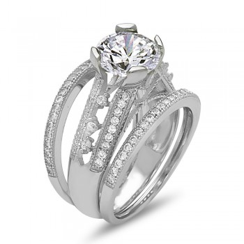 STERLING SILVER RING 3PC SET 8MM CLEAR CUBIC ZIRCONIA HALF OPEN BAND
