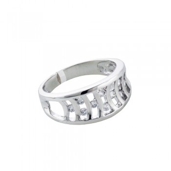 Sterling Silver Ring Clear Cubic Zirconia Between Open Curved Lines