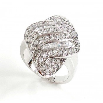 Sterling Silver Ring Rows of Clear Cubic Zirconia Baguette+Rd Folder