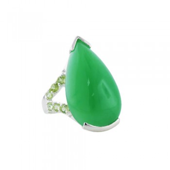 Sterling Silver Ring Gem Pear Green Jade with Peridot Stone