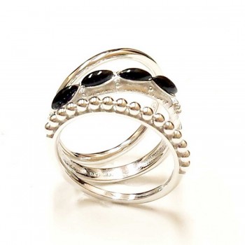 Sterling Silver Ring 3Pcs Stackable Onyx Marquis/Plain/Ball