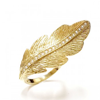 Sterling Silver Ring Feather White Topaz -Vermeil