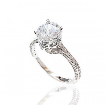 Sterling Silver Ring Clear Cubic Zirconia Solitare with Small Cubic Zirconia Side