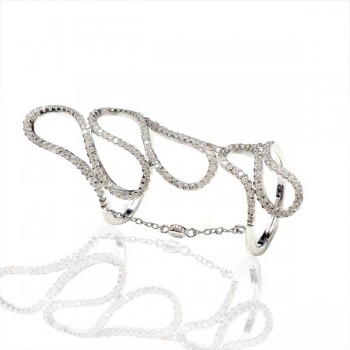 Sterling Silver Ring Chain Linked Clear Cubic Zirconia Wavy Lines Rings