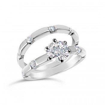 Sterling Silver Ring (2Pc Set) 6mm Clear Cubic Zirconia with 2 Sm Clear Cubic Zirconia at Side