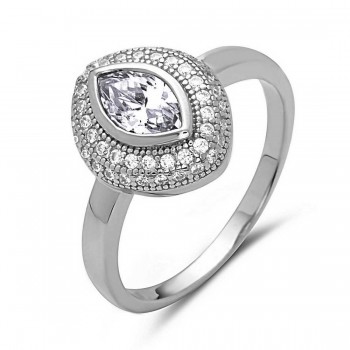 STERLING SILVER RING MARQUISE CLEAR CUBIC ZIRCONIA W/ CL CUBIC ZIRCONIA PAVE AROUND