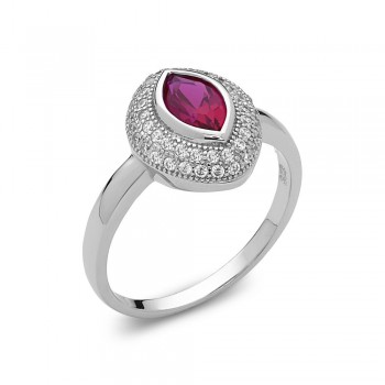 Sterling Silver Ring Marquise Ruby Cubic Zirconia with Clear Cubic Zirconia Pave Around