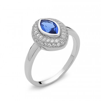 Sterling Silver Ring Marquise Sapphire Glass with Clear Cubic Zirconia Pave Ard