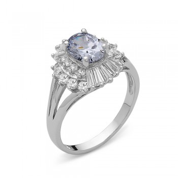Sterling Silver Ring Oval Clear Cubic Zirconia with Baguette & Round Clear Cubic Zirconia Aroun