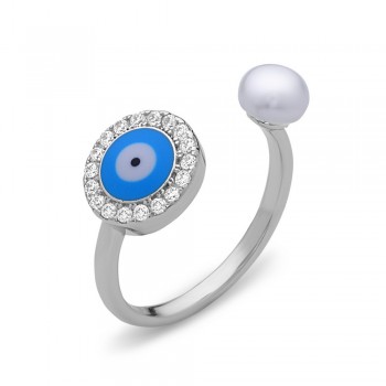 Sterling Silver 5mm Fresh Water Pearl & L.Blue Enamel Evil Eye Open Ring