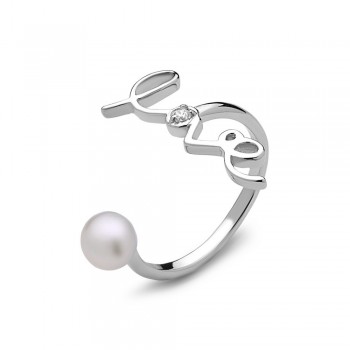 Sterling Silver 4mm Fresh Water Pearl with Sideways "Love" Clear Cubic Zirconia Open Ring