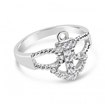 Sterling Silver Ring Clear Cubic Zirconia Anchor With Rope Loop At Side