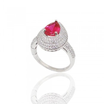 Sterling Silver Ring 9X7mm Ruby Cubic Zirconia Teardrop with Clear Cubic Zirconia Pave Around