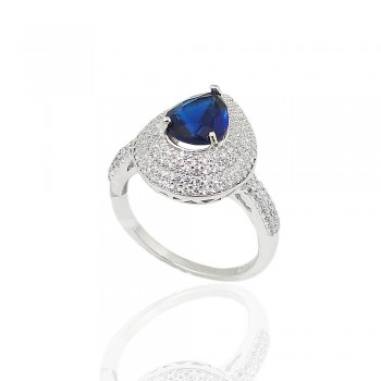 Sterling Silver Ring 9X7mm Sapphire Glass Tear Drop with Clear Cubic Zirconia Pave