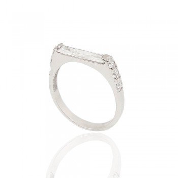 Sterling Silver Ring 11X3mm Clear Baguette Cubic Zirconia with Round Cubic Zirconia Side