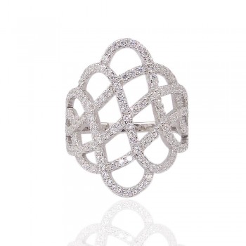 Sterling Silver Ring Clear Cubic Zirconia Lines Formed Open Rhombus