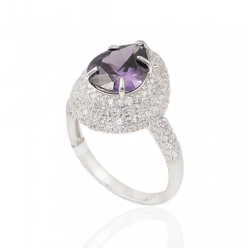 Sterling Silver Ring Amethyst Cubic Zirconia Teardrop with Clear Cubic Zirconia Aroun