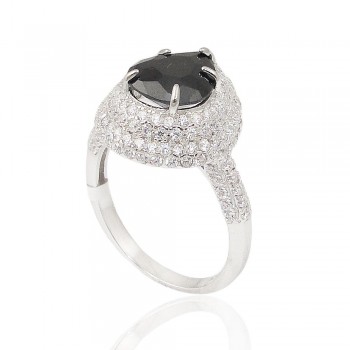 Sterling Silver Ring Black Cubic Zirconia Teardrop with Clear Cubic Zirconia Around
