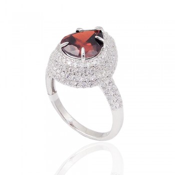 Sterling Silver Ring Garnet Cubic Zirconia Teardrop with Clear Cubic Zirconia Around