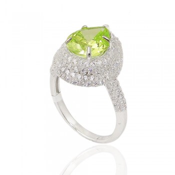 Sterling Silver Ring Peridot#39 Cubic Zirconia Teardrop with Clear Cubic Zirconia Aroun