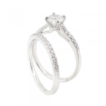 STERLING SILVER RING (2PCS SET) 6MM CLEAR CUBIC ZIRCONIA SOLITARE WITH BAND