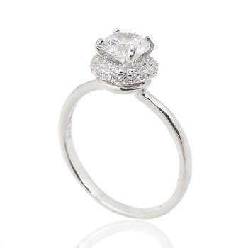 STERLING SILVER RING 5MM CLEAR CUBIC ZIRCONIA WITH SMALL CUBIC ZIRCONIA AROUND