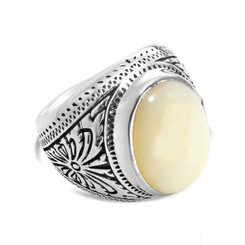 Sterling Silver Ring 16X17Mm Mother Of Pearl With Oxidized Fli