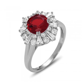 STERLING SILVER RING FLOWER BAGUETTE CUBIC ZIRCONIA CENTER RUBY GLASS