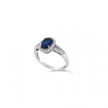 STERLING SILVER RING OVAL SAPPHIRE GLASS SMALL CUBIC ZIRCONIA AROUND