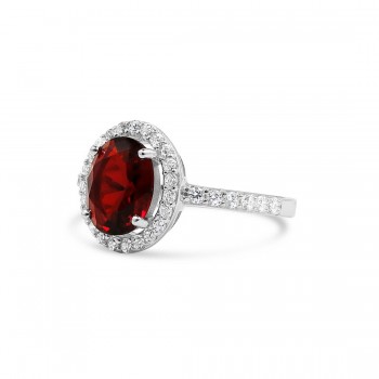 STERLING SILVER RING OVAL RUBY GLASS+CUBIC ZIRCONIA AROUND SIDE SHANK CUBIC ZIRCONIA