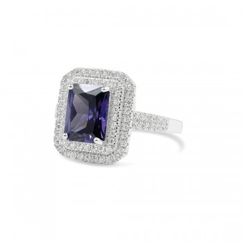 STERLING SILVER RING RECTANGULAR AMETHYST CUBIC ZIRCONIA DOUBLE CUBIC ZIRCONIA LINES
