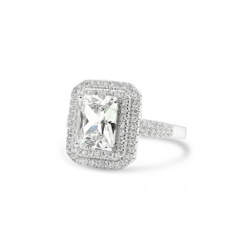 STERLING SILVER RING RECTANGULAR CLEAR CUBIC ZIRCONIA DOUBLE CUBIC ZIRCONIA LINES