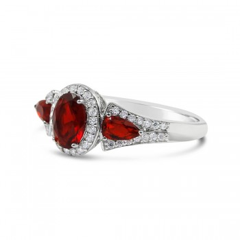 STERLING SILVER RING TRI STONES RUBY GLASS  OVAL+TEAR DROP RB