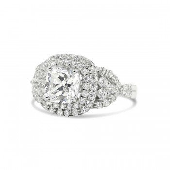 STERLING SILVER RING CUSHION CLEAR CUBIC ZIRCONIA DOUBLE CUBIC ZIRCONIA LINES