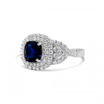 STERLING SILVER RING CUSHION SAPPHIRE GLASS  DOUBLE CUBIC ZIRCONIA LINES