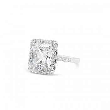 STERLING SILVER RING RECTANGULAR CLEAR CUBIC ZIRCONIA+CUBIC ZIRCONIA AROUND