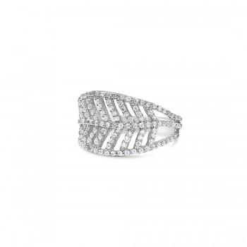 STERLING SILVER RING LEAF VEIN CLEAR CUBIC ZIRCONIA LINE
