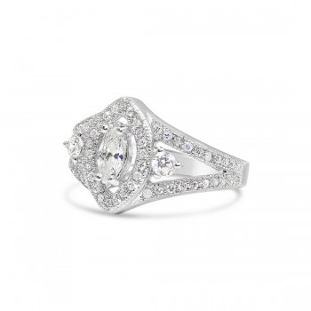 STERLING SILVER RING MARQUISE CLEAR CUBIC ZIRCONIA 2 SIDES STONE FORK SHANK