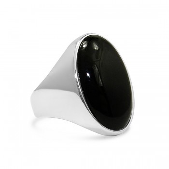 STERLING SILVER RING OVAL BLACK ONYX- RHODIUM PLATED