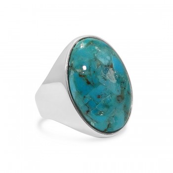 STERLING SILVER RING OVAL RECONSTITUTED TURQUOISE- RHODIUM PLAT