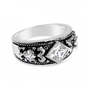 Sterling Silver Ring Oxidized Based Clear Cubic Zirconia Diamond Shape 