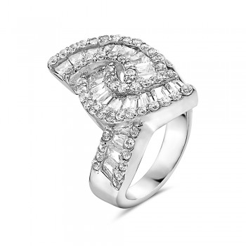 Sterling Silver Ring Hugging 2 Wavy Clear Cubic Zirconia Baguette Lines Wit 