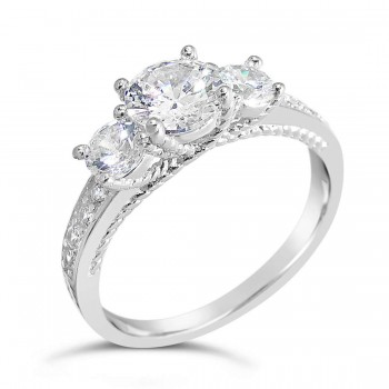 Sterling Silver Ring Tri-Stones Clear Cubic Zirconia Criss Cross Side Line 