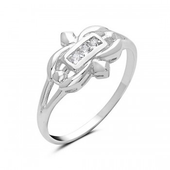 Sterling Silver Ring Classic Crown Shape 3 Clear Cubic Zirconia Square 