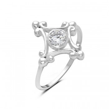 Sterling Silver Ring Diamond Shape Frame Clear Round Cubic Zirconia 