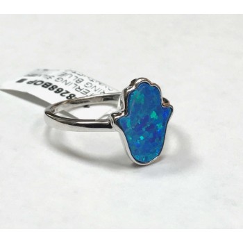 Sterling Silver Ring Blue Synthetic Opal Hamsa 