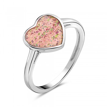 STERLING SILVER RING HEART IN PINK SYNTHETIC OPAL