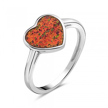 STERLING SILVER RING HEART IN RED SYNTHETIC OPAL